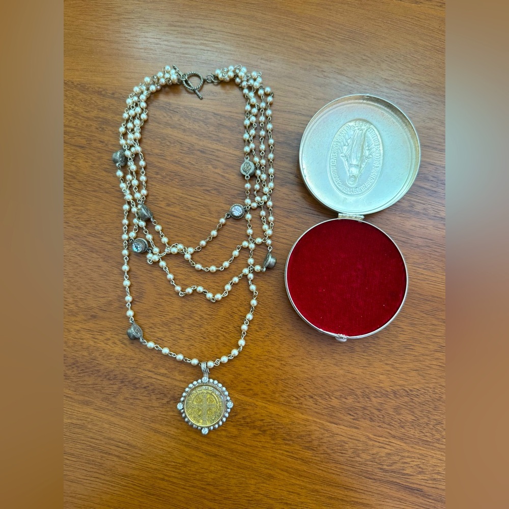 Virgins Saints & Angels VSA San Benito Magdalena Medallion Pearl Tiered Necklace